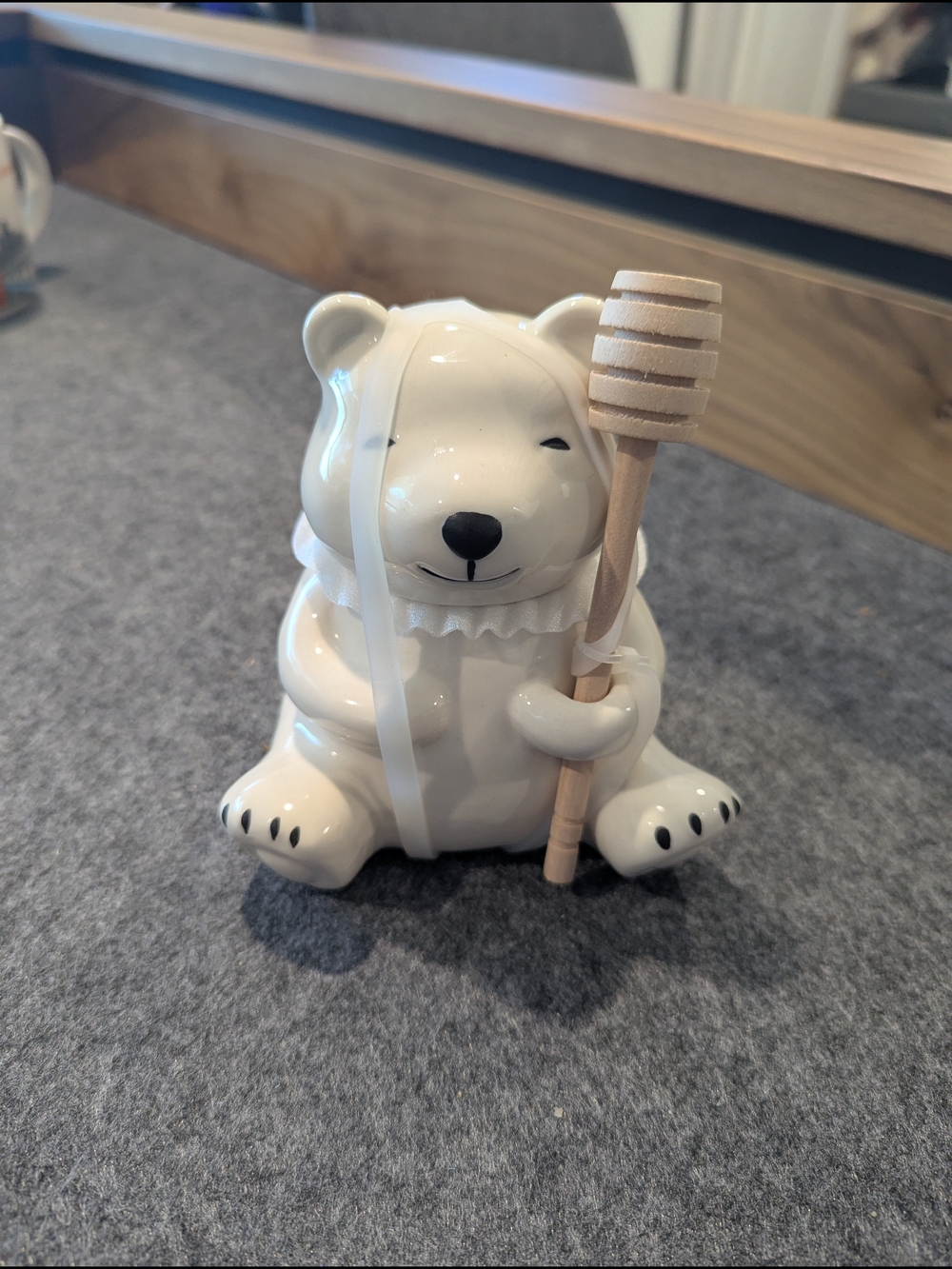 Ceramic Honey Bear with Wooden Honey Dipper Kitchen Ceramic - White